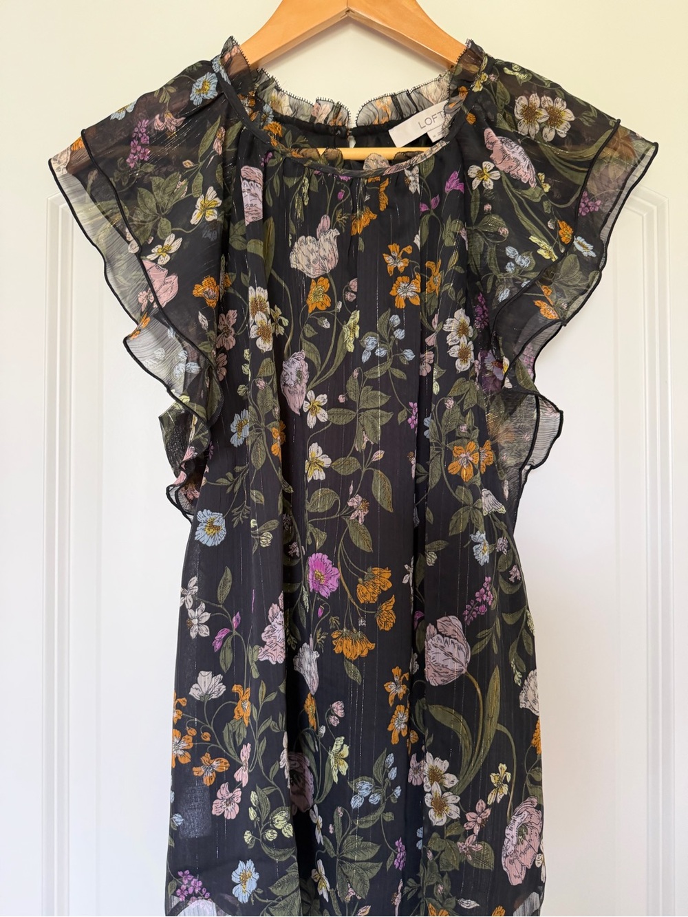 LOFT Black Floral Ruffle-Sleeve Blouse